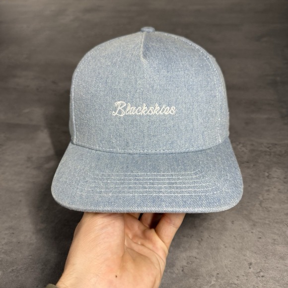 Black Ski Snapback Hat Blue Denim Chambray Brown Suede Trucker Gorpcore Cap - Picture 2 of 8